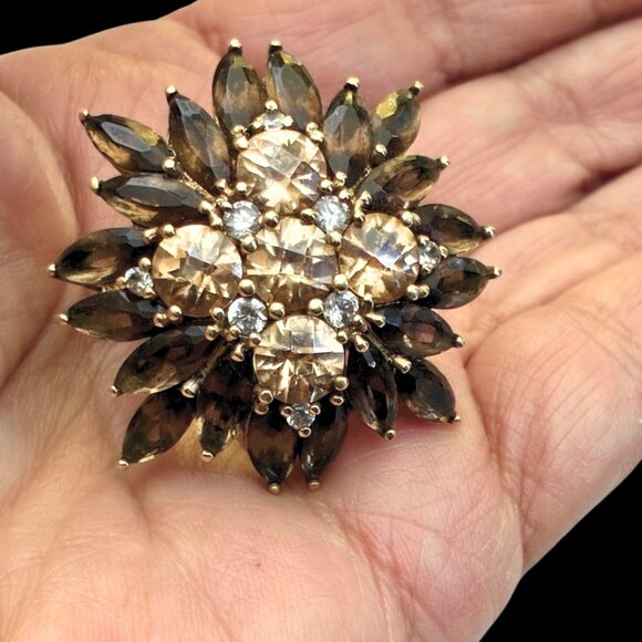 Vintage SETA Sterling Smoky Quartz Topaz Diamond HUGE Cocktail Ring Sz 8 - Picture 7 of 12